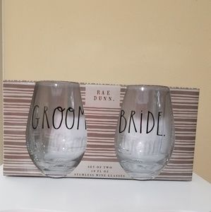 Rae Dunn Bride & Groom Stemless Wine Glasses 19 oz